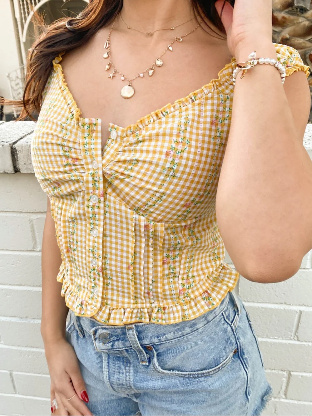 Tan Gingham tank with Ruffle Straps and button front